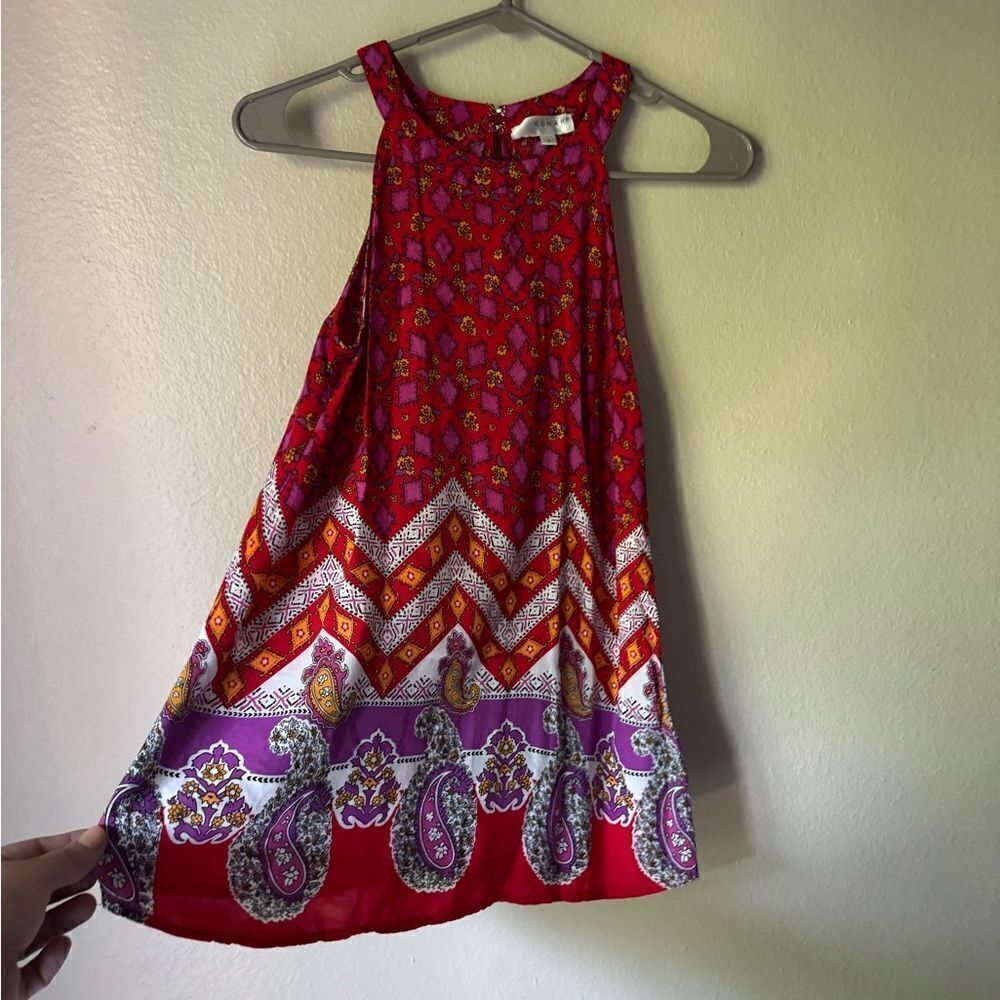 KENAR RED & PURPLE MULTICOLOR BOHO SLEEVELESS HALTER TUNIC ТОР
